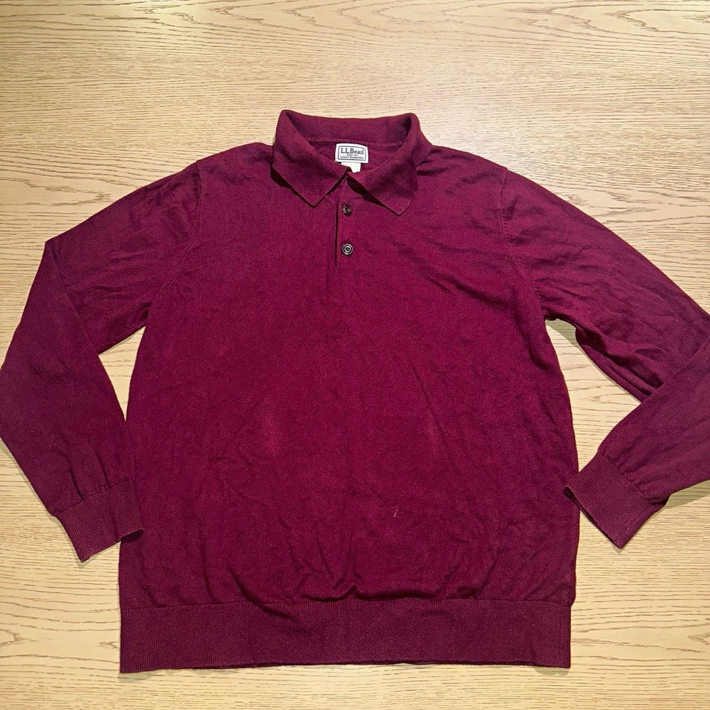 L.L.Bean Men’s Large Regular Burgundy Cotton Cashmere Rugby Polo Sweater Y2K 90s